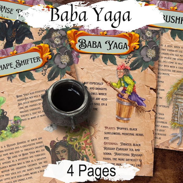 BABA YAGA, Slavic Junk Journal, Witch Spellbook,Folk Fairy Tale, Izbushka House, Mortar & Pestle, Wise Woman, Crone Goddess, 4 Printable Pgs