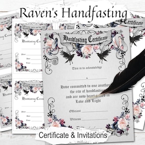 RAVENS HANDFASTING Certificate & Invitation, Wedding Gift, Grey and White Backgrounds