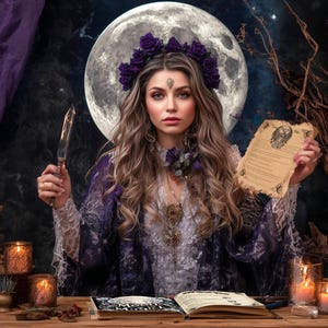 May include: A woman in a purple dress and floral crown holds a knife and a scroll, with a full moon in the background. Candles and an open book with the text "Moon Magick" are on the wooden table. The scene evokes a mystical or fantasy theme.