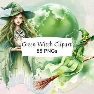 CLIPART DE BRUXA VERDE – 85 PNGs mágicos para seu diário de lixo, álbum de recortes digital, Livro de Sombras Wicca, inspirado na natureza, licença comercial