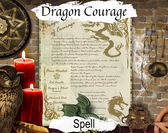 DRAGON SPELL of COURAGE, Call a Dragon art, junk journal, magic charm quest, printable Spellbook page, Wicca Witch dragon gift, Waxing Moon