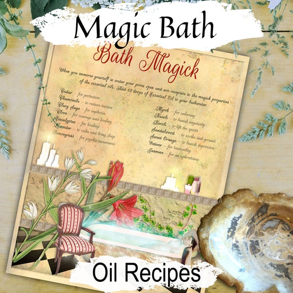 MAGIQUE DU BAIN, recettes d'huiles essentielles de bain rituelles imprimables, huiles de bain d'aromathérapie wicca pour le nettoyage, la purification et la conscience spirituelle