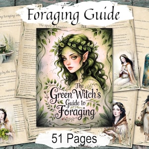 Könnte beinhalten: Eine Sammlung illustrierter Seiten mit dem Titel "The Green Witch's Guide to Foraging". Das Cover zeigt eine Frau mit grünen Haaren und einem Blumenkranz. Zusätzliche Seiten beschreiben das Sammeln nach der Sonne und das Aufgießen von Wildkräutern. Der Ratgeber hat 51 Seiten.