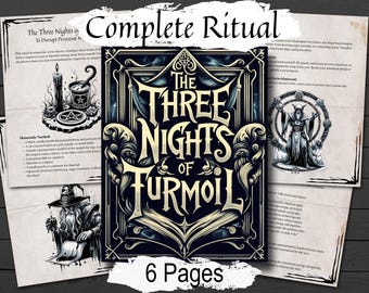 Może przedstawiać: Zestaw sześciu stron zatytułowanych "The Three Nights of Turmoil" w ozdobnym, gotyckim stylu. Strony zawierają ilustracje świec, czarodziejów i symboli rytualnych, z tekstem "Complete Ritual" na górze.