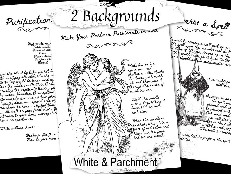 49 Witch Spell pages also come with a white background.  An example of the pages on white is displayed.