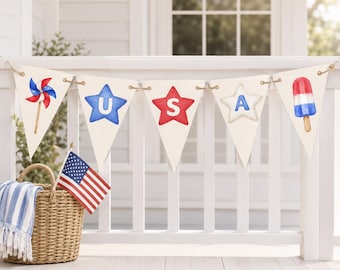Guirnalda imprimible para el 4 de julio, pancarta para fiestas en EE. UU., decoraciones para el 4 de julio, Día de la Independencia, guirnalda roja, blanca y azul para el verano.