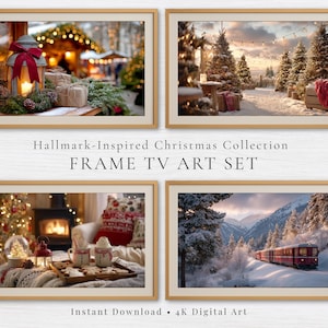 Puede incluir: Un conjunto de cuatro impresiones artísticas digitales enmarcadas con temática navideña. Las imágenes representan escenas festivas que incluyen una linterna, árboles cubiertos de nieve, un interior acogedor con chimenea y un tren en un paisaje montañoso nevado. Se muestra el texto "Hallmark-Inspired Christmas Collection FRAME TV ART SET".