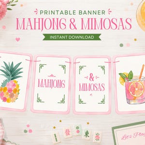 Mahjongfest utskrivbara preppy rosa akvarell Mahjongdekorationer Mahjong och Mimosas flickor spelkvällsdekor