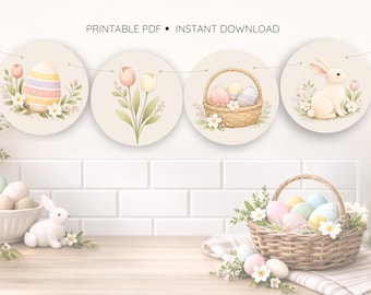 Banner imprimible de Pascua, decoración de primavera, fiesta de Pascua, temática de conejito, diseño pastel, acuarela, decoración de búsqueda de huevos, descarga digital, guirnalda instantánea