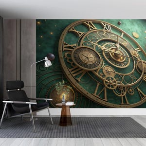 May include: A large, detailed wall mural featuring a steampunk-style clock design in shades of gold and bronze against a textured teal background. The clock face has Roman numerals and intricate gears. A modern black chair and lamp are in the foreground.