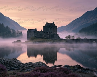 Scottish Castle Wall Mural | Peel & Stick | Highland Loch Wallpaper | Gothic Atmospheric Bedroom Living Room Decor | Scotland Art