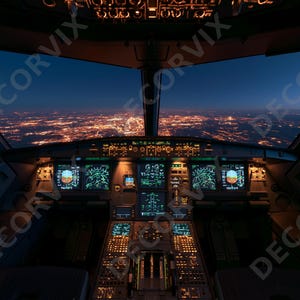 Aircraft Cockpit Wall Mural | Peel & Stick | Flight Deck Night View Wallpaper | Aviation Man Cave Pilot Room Decor | Flight Sim Art