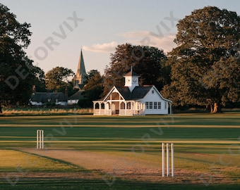 Englisch Cricket Boden Wandbild | Dorf Grün Pavillon abziehen und aufkleben Tapete | Nostalgische Sportwanddekoration