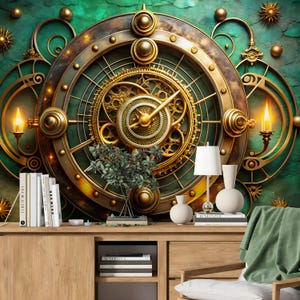 May include: A detailed wall clock with a steampunk design, featuring gold and bronze gears and accents. The clock is set against a textured green background. A wooden cabinet with books, vases, and a lamp is in the foreground.
