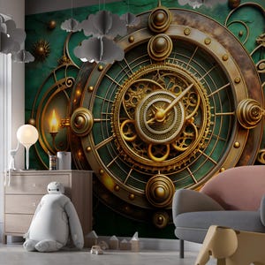May include: A whimsical room featuring a large clock-themed wall mural in shades of green and gold. A gray armchair, a white lamp, and a wooden dresser with a white robot figure are in the foreground. Decorative cloud cutouts hang from the ceiling.