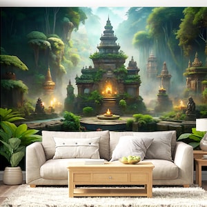 Balinese Temple Jungle Mural | Exotic Zen Wallpaper (Peel & Stick)