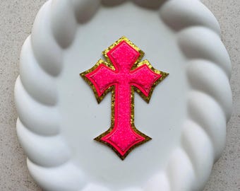 Chenille Gothic Cross Patch - Gold Edge Iron on Cross appliqué - 10 cm Varsity letter style patch - Multiple colours cross for jacket