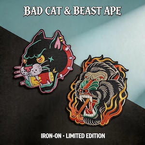 May include: Two embroidered patches with the text "BAD CAT & BEAST APE". One patch is a black cat with a red collar, the other is a gorilla with flames. The patches are iron-on and a limited edition.
