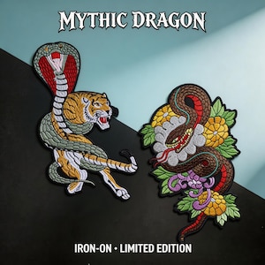 Parche de tatuaje de serpiente japonesa - Cobra Tigre Ataúd Serpiente Venenosa Flor Bordada Aplicación Planchable para Chaqueta, Kimono y Ropa Urbana