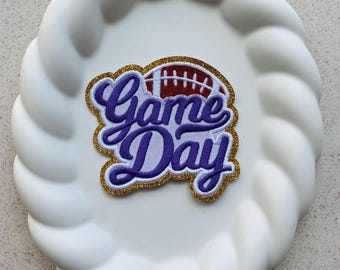 Game day football patch | Gold glitter edge iron on applique | embroidered gameday badge for jacket , hoodies & school spirit wear