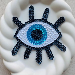 Parche de ojo malvado con lentejuelas brillantes / Aplique de cuentas de ojo azul / Parche bordado de protección de la suerte para ropa o bolso