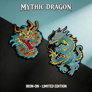 May include: Two embroidered iron-on patches featuring detailed dragon designs. One dragon is yellow, red, and blue with an open mouth. The other is blue with yellow flames. The text "MYTHIC DRAGON" and "IRON-ON • LIMITED EDITION" are at the top and bottom.