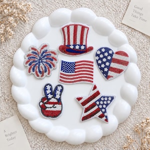 USA Sequin Applique Patches | American Flag,Star,Heart & Bow Patches for 4th of July Clothing