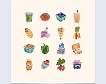 Farmers Market Charms Art Print - Colorful hand-drawn illustrations