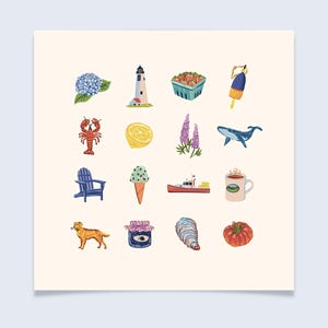 May include: Illustration featuring various coastal elements. Includes a blue hydrangea, a lighthouse, a basket of strawberries, a lobster, a lemon, purple flowers, a whale, an Adirondack chair, ice cream, a boat, a mug, a dog, jam, an oyster, and a tomato.