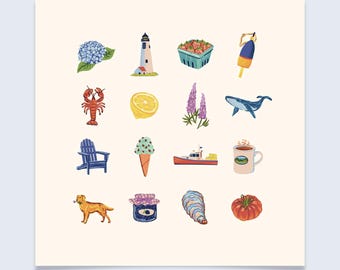 New England Charms - Salt Air Art Print - Colorful hand-drawn illustrations