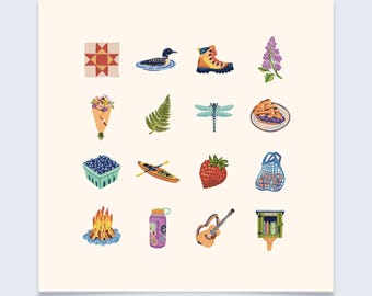 New England Charms - Field Notes Art Print - Colorful hand-drawn illustrations