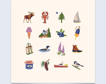 Maine Charms Art Print - Colorful hand-drawn illustrations