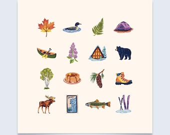 New Hampshire Mountains Charms Art Print - Colorful hand-drawn illustrations