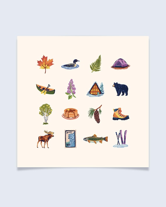 New Hampshire Mountains Charms Art Print - Colorful hand-drawn illustrations
