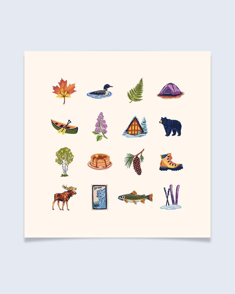 New Hampshire Mountains Charms Art Print - Colorful hand-drawn illustrations image 1