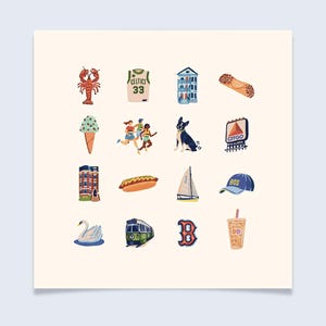 May include: Illustration of Boston-themed icons, including a lobster, Celtics jersey, building, cannoli, ice cream cone, runners, dog, Citgo sign, hot dog, sailboat, baseball cap, swan, trolley, Red Sox logo, and a drink.