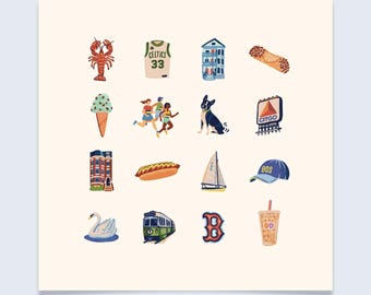 Boston Charms Art Print - Colorful hand-drawn illustrations