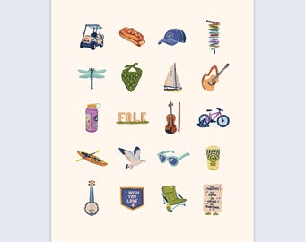 Newport Folk Festival Charms Art Print - Colorful hand-drawn illustrations