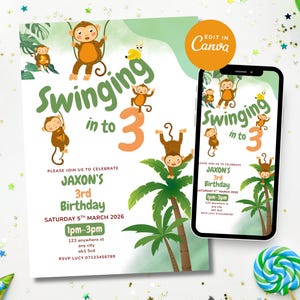 May include: A birthday invitation with a jungle theme. The invitation features cartoon monkeys, palm trees, and the text "Swinging into 3". The invitation is for Jaxon's 3rd birthday, with the date, time, and location details.
