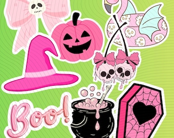 Cute Pink Halloween Sticker Pack (8 PNG Printables) Digital Planner Stickers/Spooky Clipart/ Printable Halloween Decoration
