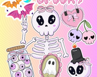 Cute Girly Halloween Sticker Pack (8 PNG Printables) Digital Planner Stickers/Spooky Clipart/ Printable Halloween Decoration