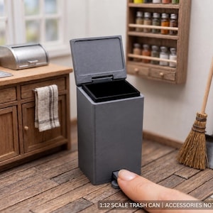 1:12 Scale Trash Can with Working Pedal Lid, Miniature Garbage Bin, 3D Printed Kitchen Bathroom Accessory