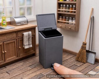 1:12 Scale Trash Can with Working Pedal Lid, Miniature Garbage Bin, 3D Printed Kitchen Bathroom Accessory