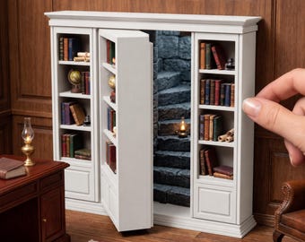 May include: A 1:12 scale white wooden bookcase featuring a secret swinging door that reveals a stone staircase. The unit has multiple shelves filled with miniature books, scrolls, and a globe. The text 1:12 SCALE SECRET BOOKCASE W/ DOOR | ACCESSORIES NOT INCLUDED is visible.