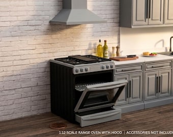 Set da cucina per casa delle bambole in scala 1:12 con fornello moderno in miniatura e cappa.