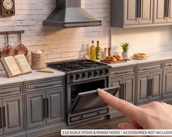 1:12 Scale Pro-Style Stove and Range Hood, 3D Printed Dollhouse Miniature Kitchen Appliances, Chef Gas Range Diorama Prop
