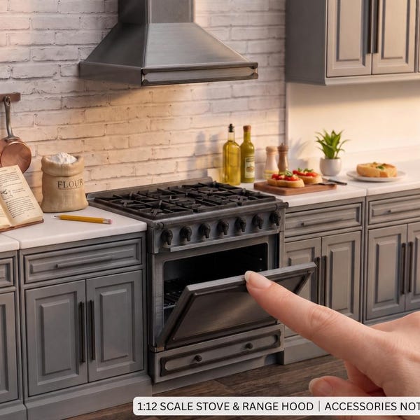 1:12 Scale Pro-Style Stove and Range Hood, 3D Printed Dollhouse Miniature Kitchen Appliances, Chef Gas Range Diorama Prop