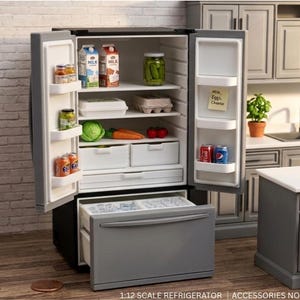 May include: A 1:12 scale miniature refrigerator with open double doors and a pull-out bottom freezer drawer. The interior shelves are stocked with miniature food items including milk cartons, a jar of pickles, eggs, vegetables, and soda cans.