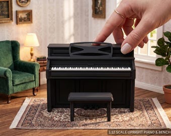 1:12 Scale Miniature Upright Piano & Bench | Dollhouse Piano Furniture | Realistic Music Room Decor | 3D Printed PLA Mini Instrument