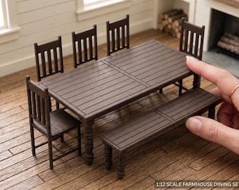 1:12 Scale Farmhouse Dining Set, Miniature Table Bench Chairs, 3D Printed